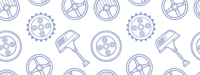 Seamless pattern of engine pistons, gears, and steering wheels in minimal blue line art style. Ideal for automotive backgrounds, mechanical themes, and industrial illustrations. Vector design format.