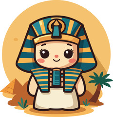 Cute Girl Pharaoh Cartoon Vector in Ancient Egyptian Costume with Pyramids and Palm Trees – Adorable Egypt Character for Kids