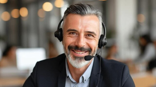 Professional Office Communication Man Wearing Headset with Microphone for Customer Support, Business, and Technology Work