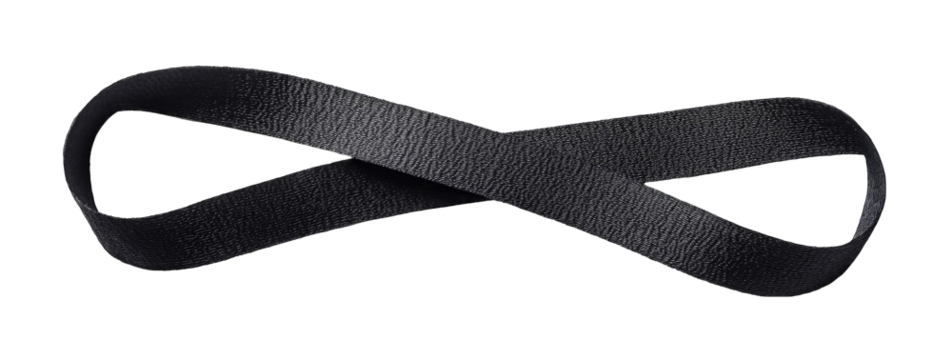 Dark, textured fabric ribbon formed into an infinity symbol against a black background