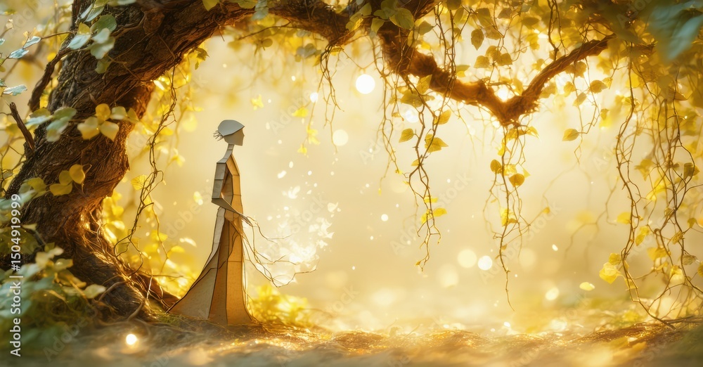 Poster mystical figure stands within tree branches. golden light filters through leaves, creating ethereal 