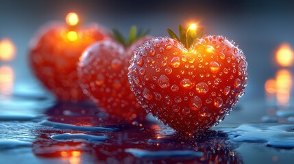 Heart-shaped strawberries with dew drops and candlelight