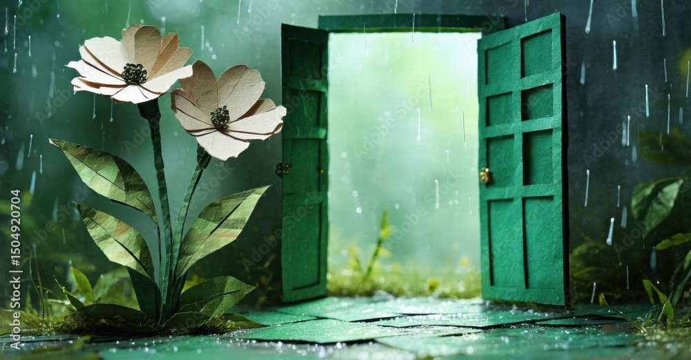 Poster paper flowers bloom near open doorway. rain falls upon stone path, creating whimsical scene. light s