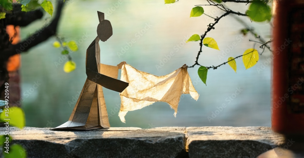 Poster Paper figure hangs laundry. Sunlight filters through leaves, creating soft shadows. Minimalist scene evokes quiet domesticity.
