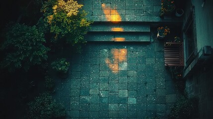 High-angle view of a stone patio with garden