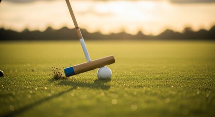 Close-up of a polo mallet striking the ball on grass field