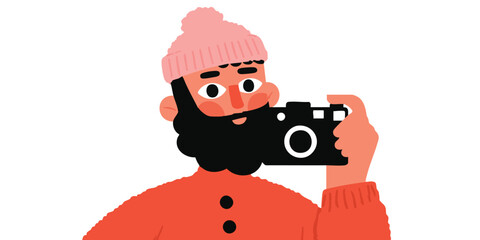 A cartoon photographer, holding a camera and preparing to capture a moment with an artistic style. A warm and friendly depiction of the art of photography.