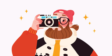 A bearded person taking a photograph with a vintage camera, surrounded by animated star. This illustration captures the essence of capturing memories.
