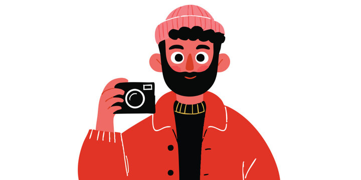 An illustrated photographer, embodying the spirit of adventure, ready to capture the world through their lens, his stylish attire and unique features add a touch of sophistication.