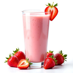 A glass of strawberry smoothie with strawberry fruits isolated on white background