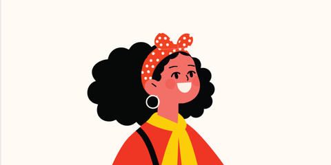 An illustration of a stylish woman, radiates positivity and charm. Her curly hair and cheerful expression emanate a friendly ambiance.