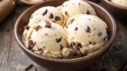 Creamy Vanilla Ice Cream with Chocolate Chips in Rustic Bowl