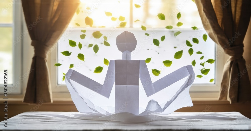 Poster paper person sits meditating near window. leaves float inside, sunlight streams through curtains. pe