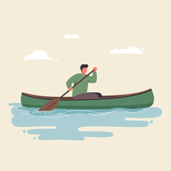Fototapeta premium Man Paddling Canoe on Water with Calm and Simple Illustration