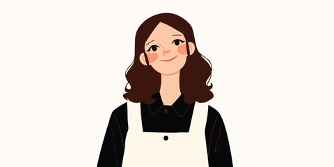 A smiling young woman dressed in an apron, conveying a sense of approachability and gentle demeanor, with digital illustration style.