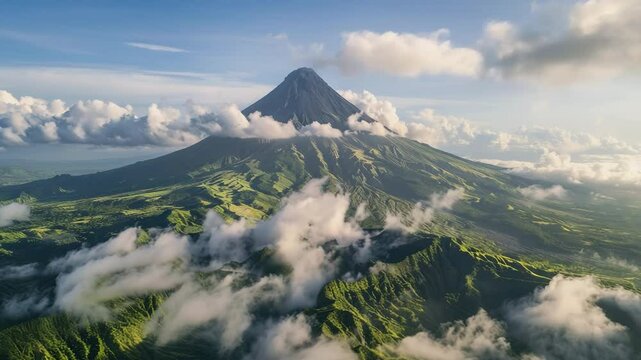 A majestic view of Mayon Volcano, Philippines, with its perfect cone shape rising above the clouds and the lush greenery of the surrounding landscape, Generative AI Videos.