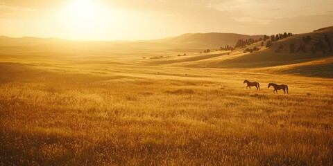 Obraz premium A golden-hour scene of wild horses in a sunlit meadow, surrounded by open fields