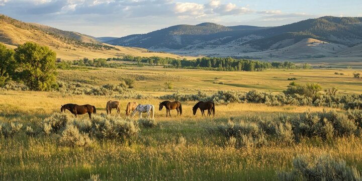A golden-hour scene of wild horses in a sunlit meadow, surrounded by open fields - Powered by Adobe