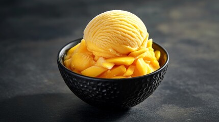 Creamy Mango Ice Cream with Fresh Mango Slices in a Black Bowl
