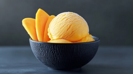 Creamy Mango Ice Cream with Fresh Mango Slices in Black Bowl