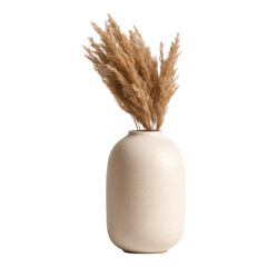 A beige ceramic vase holds a bouquet of dried pampas grass stems.