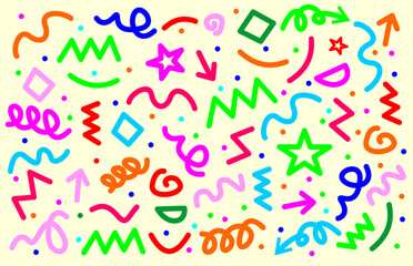 A variety of fun and cute colorful line scribble patterns. Creative minimalist art backgrounds for kids or trendy designs with basic shapes.