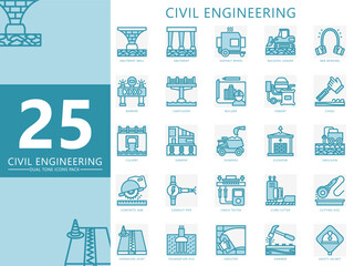 Civil engineering dual tone icon pack. Contain abutment wall, barrier, cement, dumper, elevator, hammer, grouter, pile and more. Vector for industry, construction, UI, UX, web and app development.
