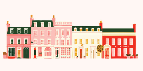 Charming Row of Houses in Pastel Colors, Architectural Illustration.
