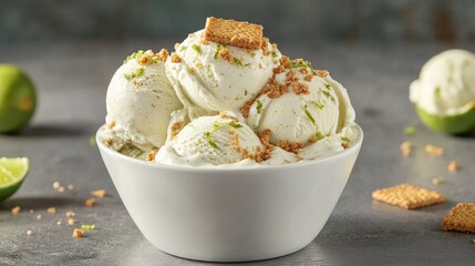 Creamy Lime Ice Cream with Crumbled Cookie Topping in White Bowl