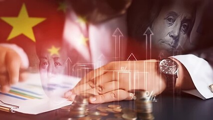Financial Growth with Chinese and American Flags Overlaying Coins Graph and Businessman Hands on Desk Under Warm Lighting - Powered by Adobe