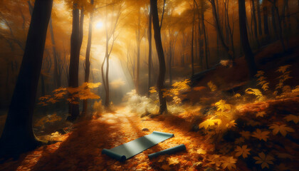 Abandoned yoga mat in autumn forest, Ai created image
