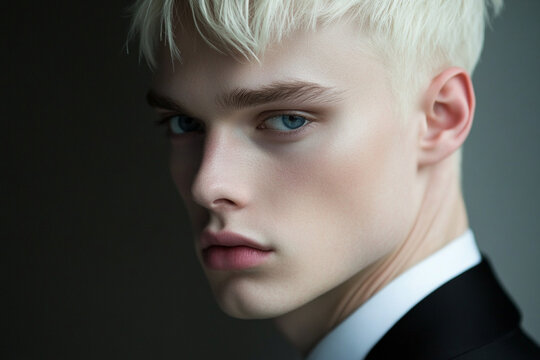 Close-up portrait of a young, light-skinned male, with platinum blonde, short, tousled hair. He has striking, light blue eyes, profile, very pretty, androgynous beautiful young man, aged 22