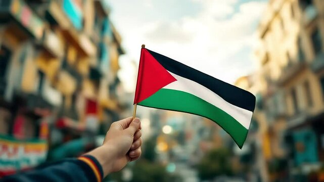 Hand holding palestinian flag waving in front of blurry city background