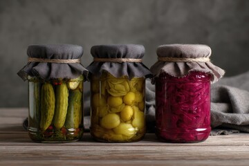 Three glass jars of pickled vegetables; cucumbers, green olives, and red cabbage, sit on a rustic wooden surface against a dark grey background