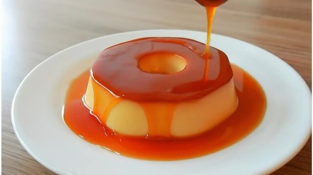 Slow motion video of caramel flan being served &ndash; Brazilian pudim dessert