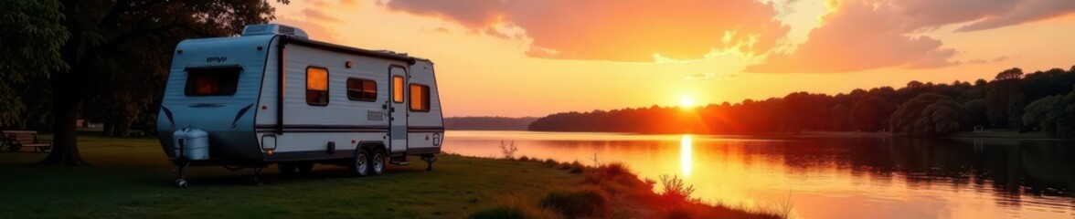 Travel trailer nestled amidst riverside scenery, Thomson Causeway sunset , vacation, blue