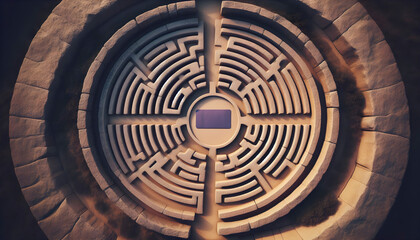 Aerial view of circular stone labyrinth with yoga mat at center, Ai created image