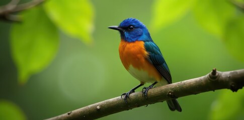 Vibrant blue-fronted redstart perched on a tree branch , outdoors, macro, bird photography