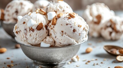 Creamy Vanilla Ice Cream with Almonds and Marshmallows in Bowl