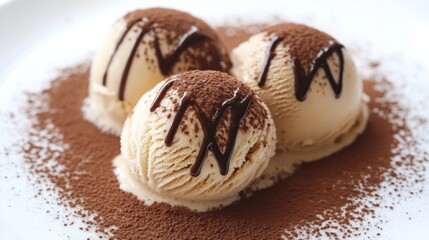 Delicious Chocolate Drizzled Creamy Ice Cream on Cocoa Powder Plate
