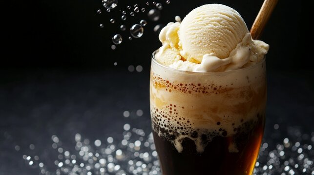 Delicious Ice Cream Soda with Foamy Topping and Ice Cream Scoop