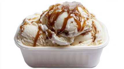 Creamy Vanilla Ice Cream with Caramel Sauce in White Bowl