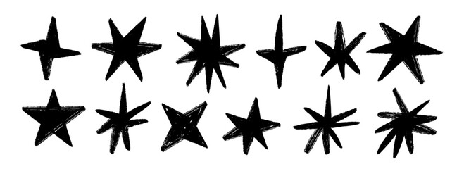 Black crayon hand drawn stars and sparkles set. Childish doodled sparks collection. Grunge rough brush stroke shine element pack for collage, poster, sticker. Kid sketched pencil symbols. Vector © vika_k