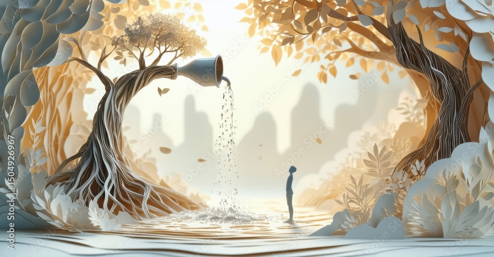Aufkleber surreal landscape features trees, water, figure. light streams down, creating dreamlike atmosphere. 