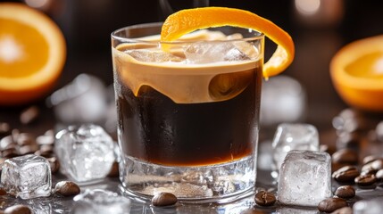 Refreshing Coffee Cocktail with Ice and Orange Twist Garnish