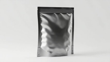 Metallic pouch packaging displayed against a neutral background for product showcase - Powered by Adobe