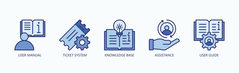 Support Toolkit Icon Set Isolated Vector With Icon Of Knowledge Base, User Manual, Ticket System, Assistance, User Guide In Blue Style