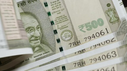 Close-Up of Indian 500 Rupee Currency Notes Featuring Mahatma Gandhi. internal shot, stable shot, 4k.