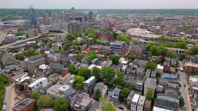 Reverse aerial view of Mount Adams in Cincinnati ohio