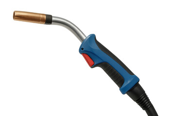 Gas welding torch featuring a copper nozzle and ergonomic blue handle, isolated on a transparent background, ideal for industrial projects and metalworking visuals